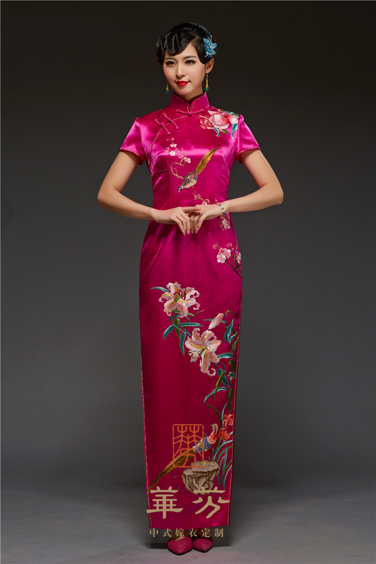 華芬嫁衣 《百年好合》原版旗袍 玫红色 锦鸡图案 锦上添花
