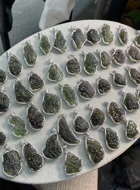跨境天然捷克陨石925银包边吊坠绿色玻璃陨石项坠许愿石 戒指