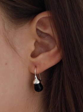 U.CA韩国out of label水滴耳环女纯银小众复古黑玛瑙珍珠耳钉