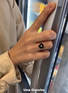 U.CA韩国coldframe黑色爱心戒指女纯银小众设计滴釉开口指戒新款