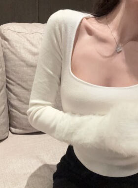 mmm collection 时髦方领显瘦内搭秋冬毛毛氛围仿貂绒袖口上衣女