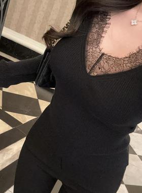 mmm collection 迷人蕾丝v领长袖针织衫女秋冬收腰显瘦内搭打底衫