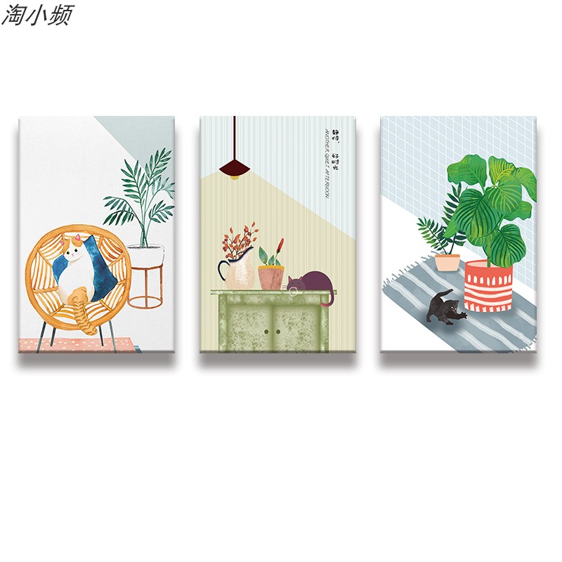 北欧猫咪绿植组合客厅背景墙装饰画画芯小众艺术卧室玄关挂画画心图片