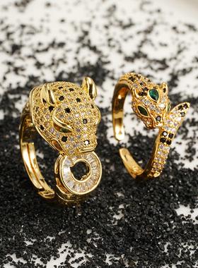 18K沙金豹头镶锆轻奢女戒