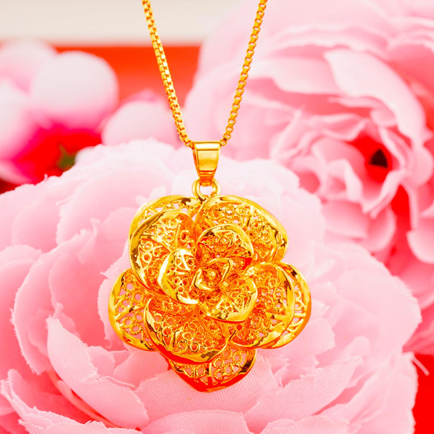 奢华仿24k黄金吊坠镂空花朵网红首饰品 简约越南沙金玫瑰花坠