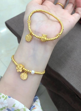 【秋季新款】磨砂珠桃花兔子福袋福牌古法沙金吊坠手链手串女