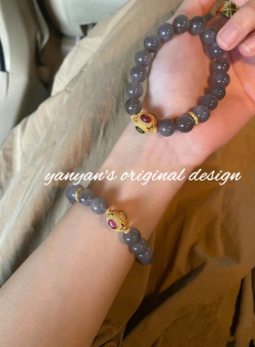 冬季新款烟紫玉白玉圆珠祥云跑环古法沙金配件手链手串女