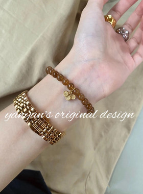 冬季新款焦糖且末色圆珠平安喜乐吊坠古法沙金配件手链手串女