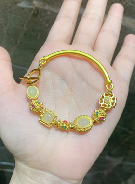 珐琅彩烧蓝配件弯管半镯半链白玉