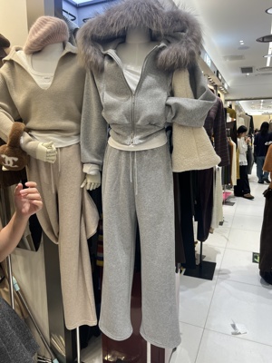 amy艾米冬新款加厚加绒连帽真毛领卫衣外套套装搭阔腿裤两件套女