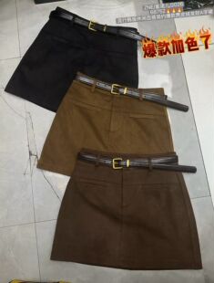 紫诺儿十三行咖色麂皮绒半身裙女新款小个子高腰显瘦a字包臀短裙