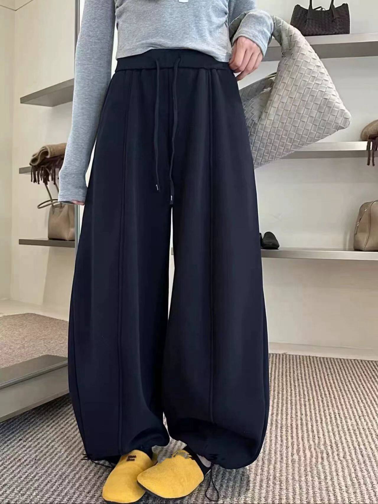 恩米娅抽绳阔腿弯刀卫裤女加绒冬季新款宽松显瘦直筒休闲裤77a75