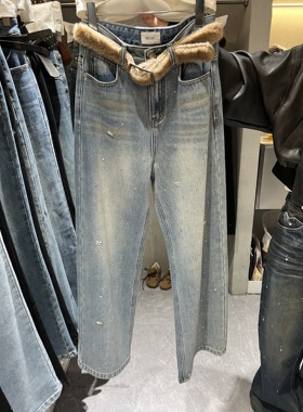 mok加厚绒韩版高腰显瘦直筒牛仔裤女2025冬季新款阔腿长裤子6260