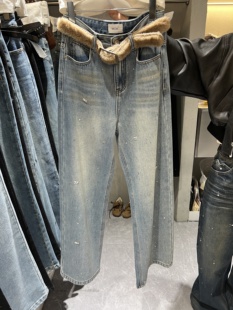 mok加厚绒韩版高腰显瘦直筒牛仔裤女2025冬季新款阔腿长裤子6260