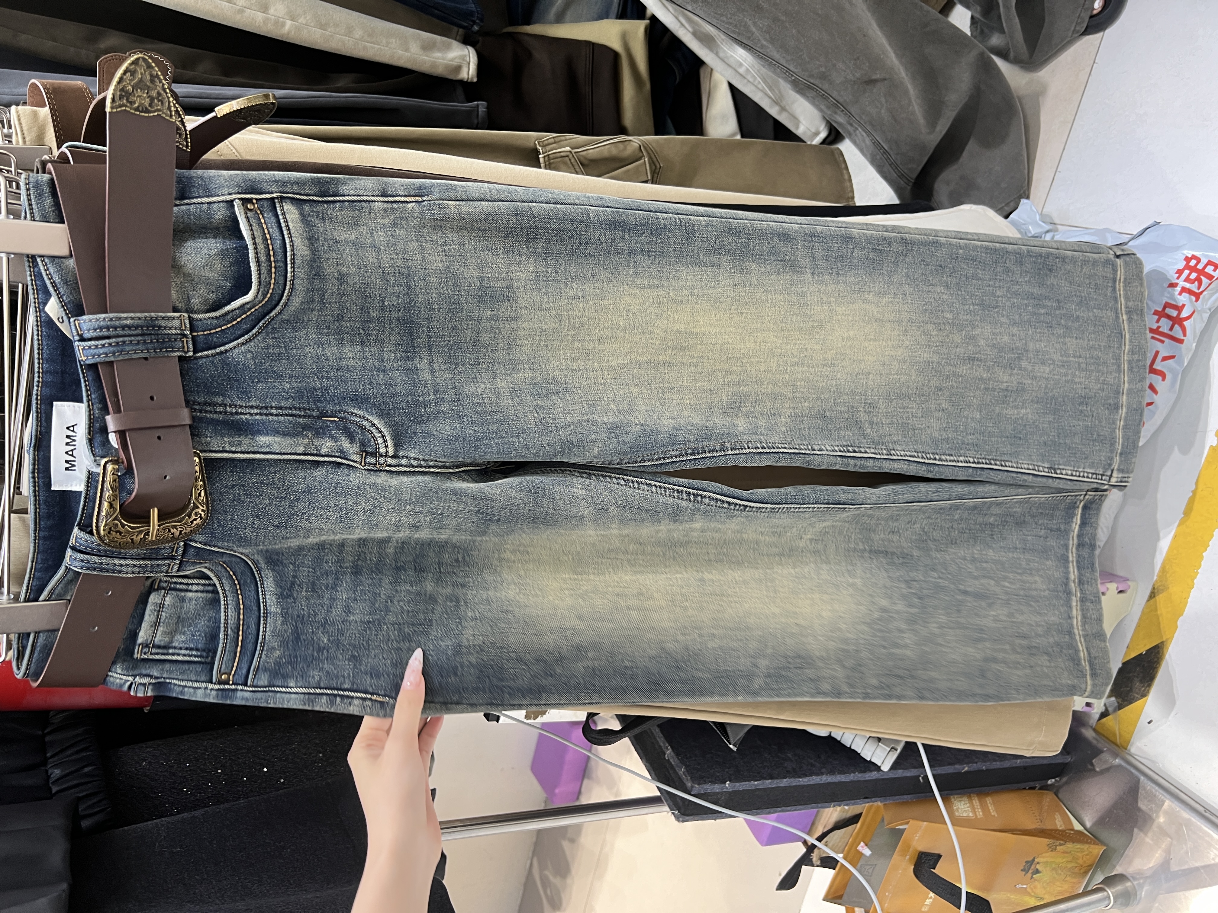 mama复古做旧水洗喇叭牛仔裤女新款修身显瘦加绒加厚微喇拖地裤cm
