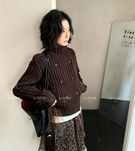 ajroom十三行复古风双排扣高领坑条针织开衫女秋新款翻领毛衣外套