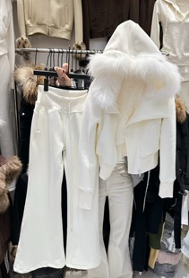 套装 加厚保暖卫衣外套女上衣喇叭裤 连帽真毛长袖 nice乃思儿新款