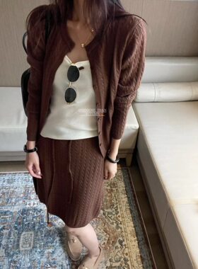 ajroom秋季新款麻花针织毛衣开衫直筒抽绳五分中裙背心三件套装潮