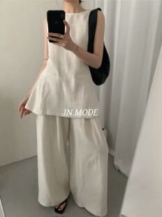 INMODE十三行春夏新款百搭显瘦极简韩风背心阔腿裤亚麻套装8937