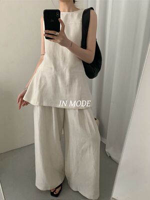 INMODE十三行春夏新款百搭显瘦极简韩风背心阔腿裤亚麻套装8937