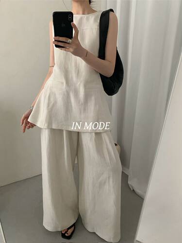 IN MODE十三行春夏新款百搭显瘦极简韩风背心阔腿裤亚麻套装8937