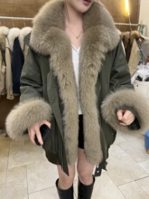 onlyone新款狐狸毛腹毛皮草外套鹅绒内胆羽绒服可脱卸派克服大衣