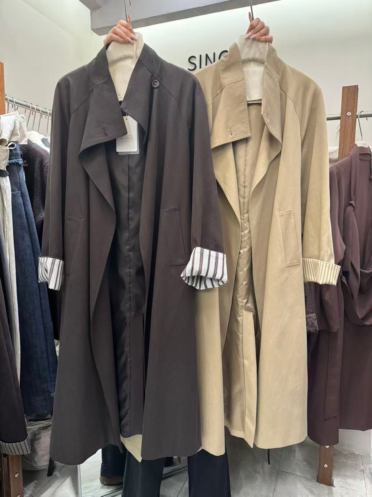 single单品韩版立领中长款绑带风衣外套拼接条纹休闲宽松上衣5787