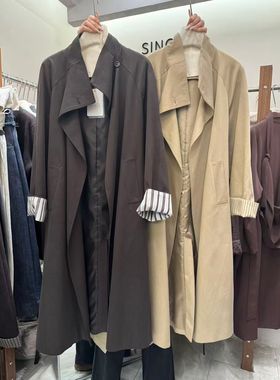 single单品韩版立领中长款绑带风衣外套拼接条纹休闲宽松上衣5787