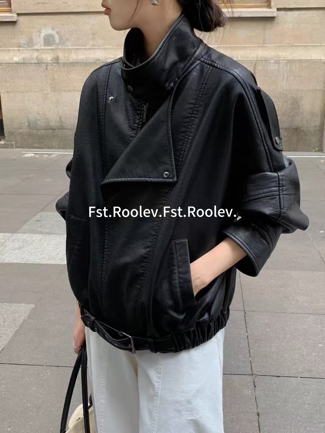 FST秋季新款pu皮衣外套女机车服夹克复古翻领腰带高级感上衣外套