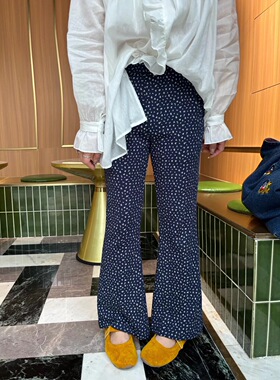 enjoy夏季日系复古蓝色咖色小碎花薄款针织竖纹喇叭裤微胖女装
