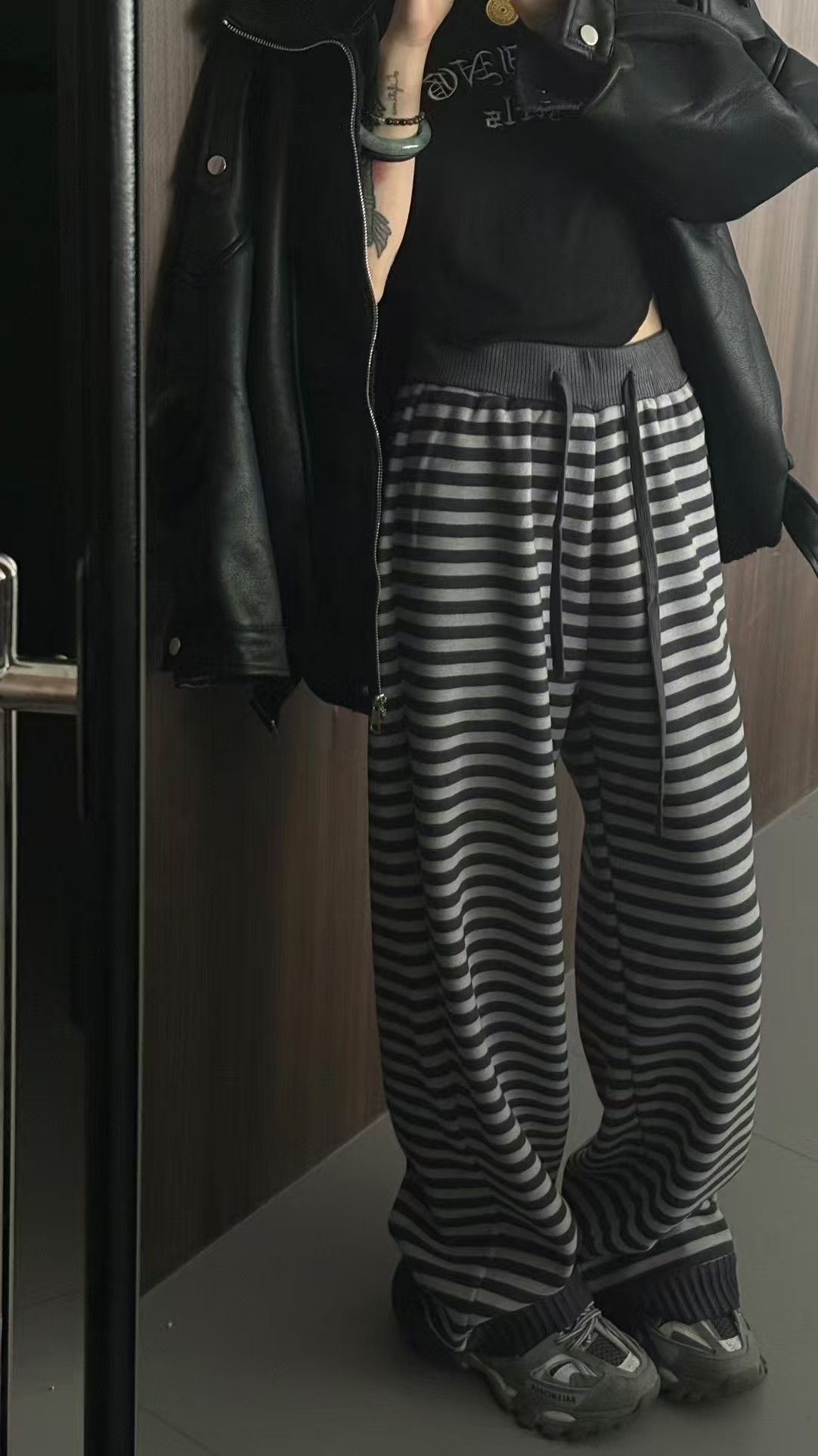 tabu她步加绒条纹直筒阔腿休闲裤女秋宽松慵懒风垂感拖地裤66606