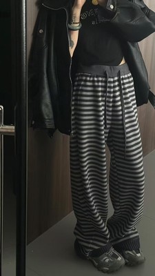 tabu她步加绒条纹直筒阔腿休闲裤女秋宽松慵懒风垂感拖地裤66606