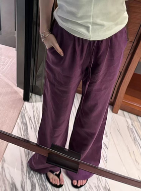 litchi荔枝正品紫色棉麻阔腿裤女休闲新款高腰显瘦百搭直筒长裤子