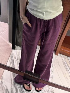 litchi荔枝正品紫色棉麻阔腿裤女休闲新款高腰显瘦百搭直筒长裤子