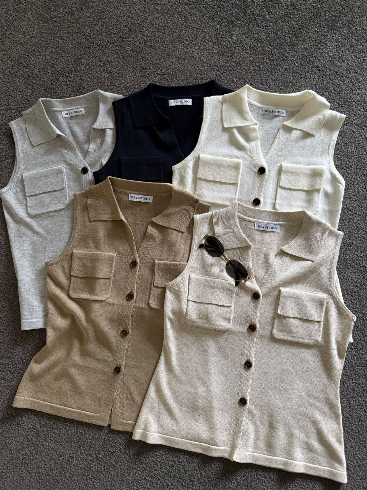 df studio老钱风气质V领针织亚麻背心夏双口袋薄款翻领收腰衬衫女