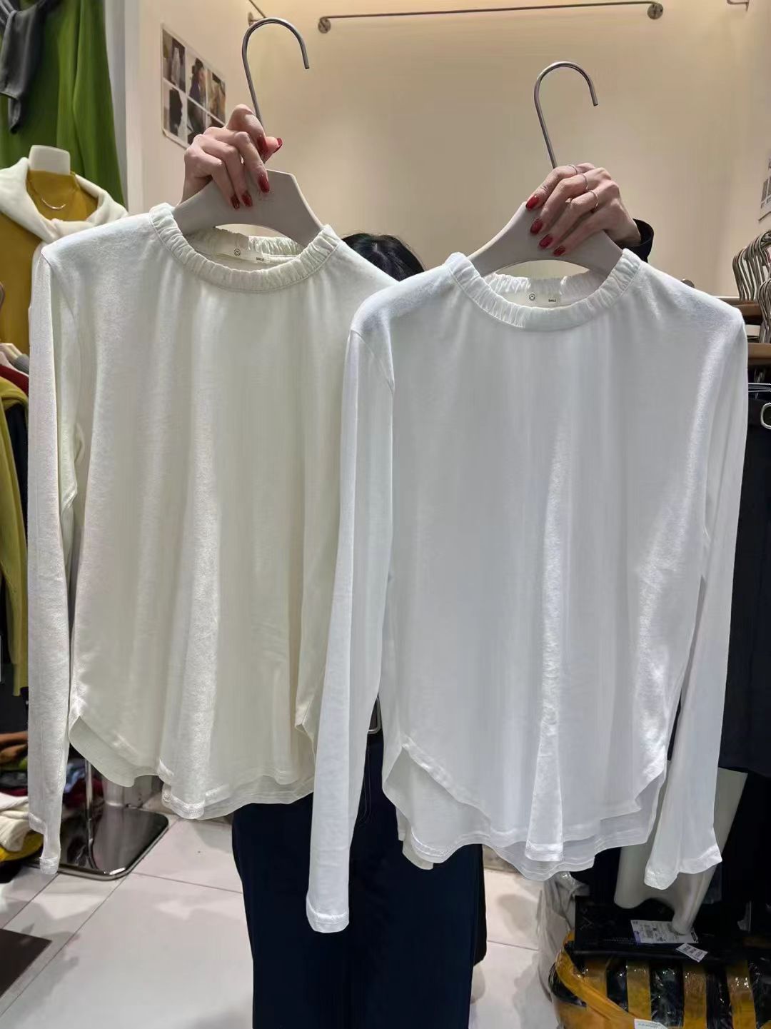 smile2025秋新款圆领拼接木耳边长袖T恤女宽松显瘦百搭休闲上衣潮