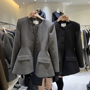 vn韦恩正品冬季呢料沙漏腰小西装连衣裙外套女裙摆小个子收腰西服