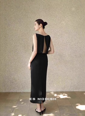 ES MODISH 夏季韩系精致约会通勤一字领镂空后背无袖连衣裙女4451