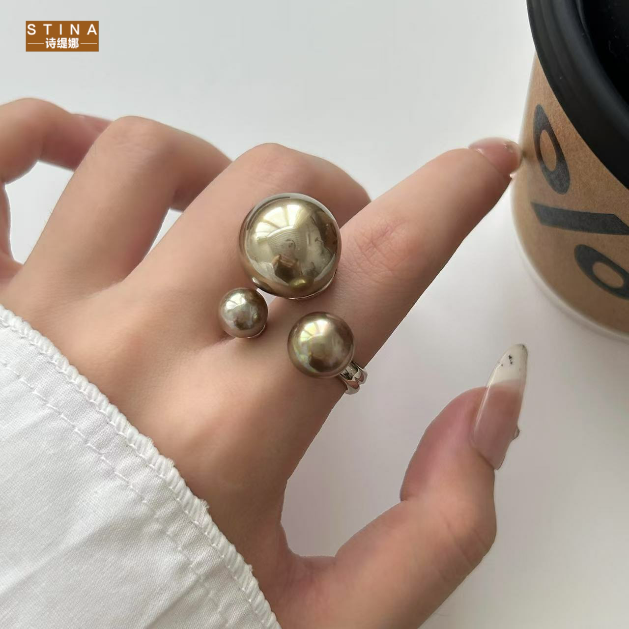 STINA新款珍珠戒指女轻奢感小众
