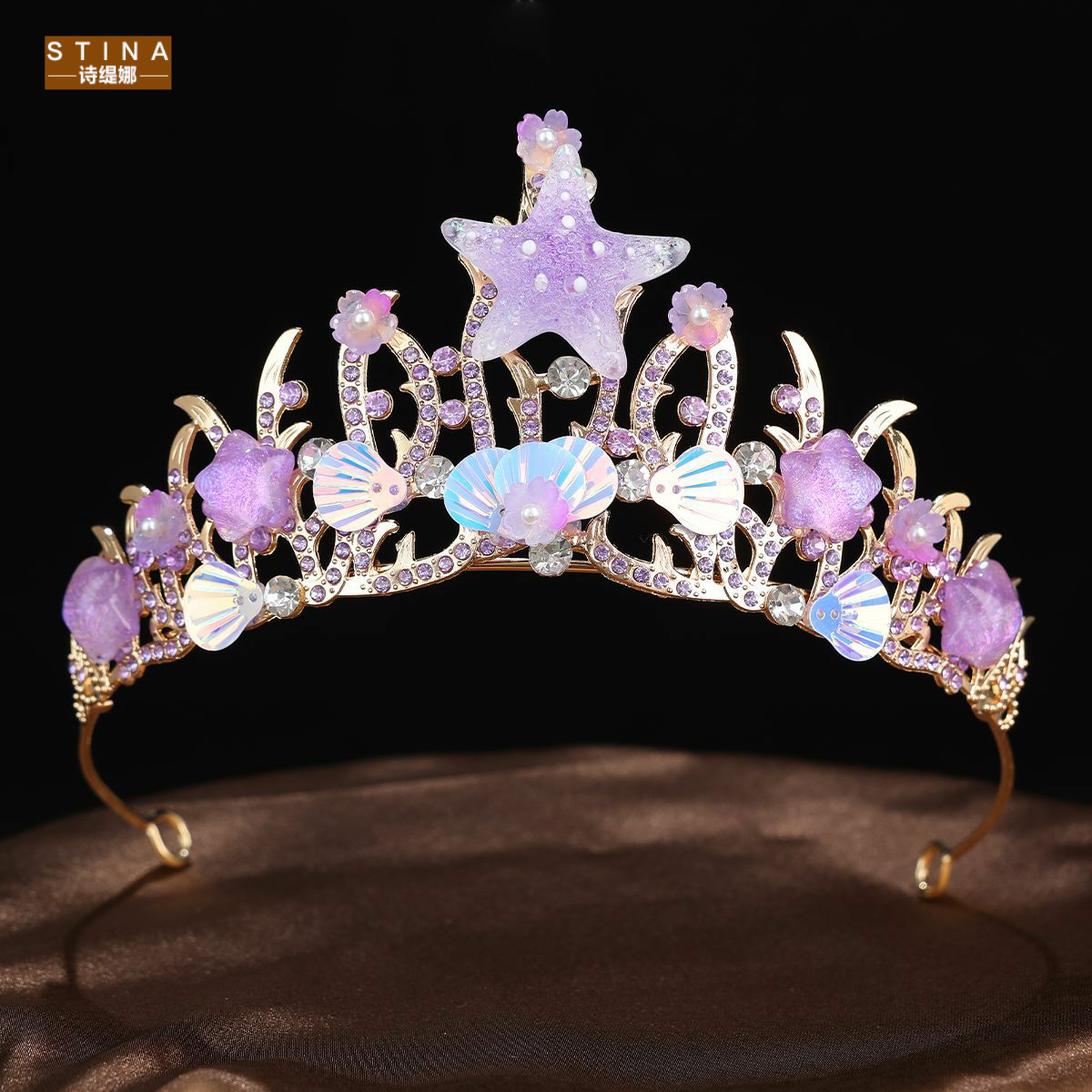 STINA新款时尚手工海星花朵贝壳头饰亮片公主女王王冠海洋发饰欧