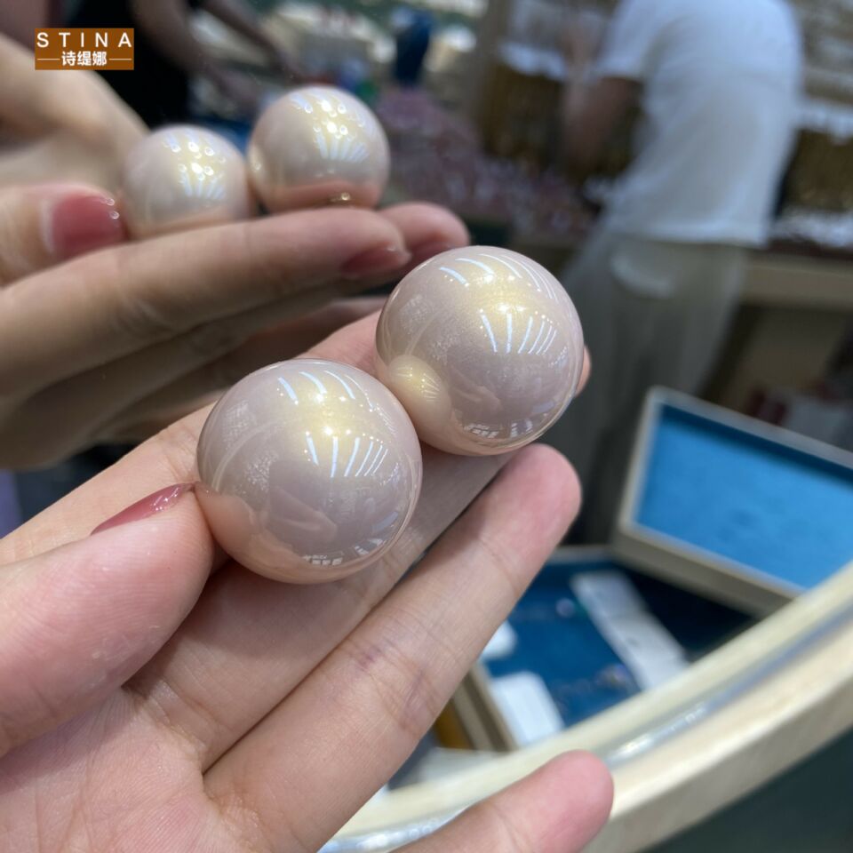 STINA新款 复古25MM大珍珠白耳钉名媛感个香槟贝珠耳饰手工女性n