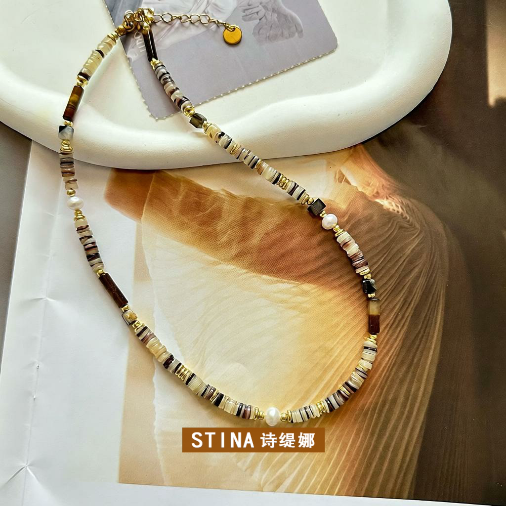 STINA复古项链女个天然石贝壳串
