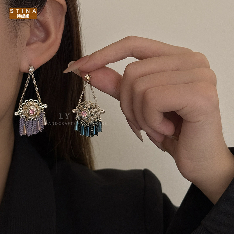 STINA复古精致双链条金属网穗耳
