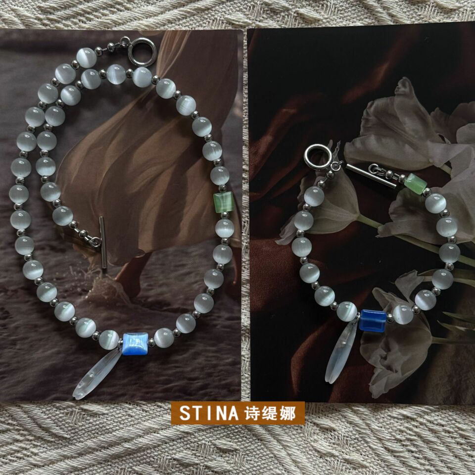 STINA-白色猫眼石跳色简约百搭贝壳吊坠小众设计钛钢配件不掉色饰
