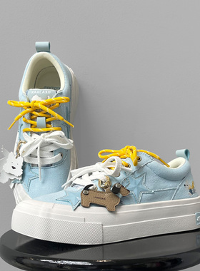 小众设计动物系列蓝色星星鞋男女同款厚底增高帆布鞋透气休闲板鞋