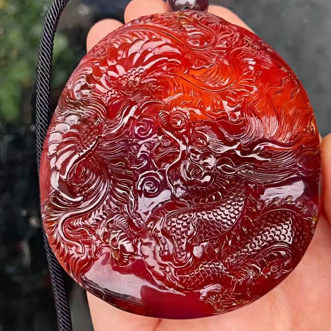 正品天然缅甸琥珀精品血珀蓝血膜 龙凤呈祥 吊坠文玩工艺珠宝饰品