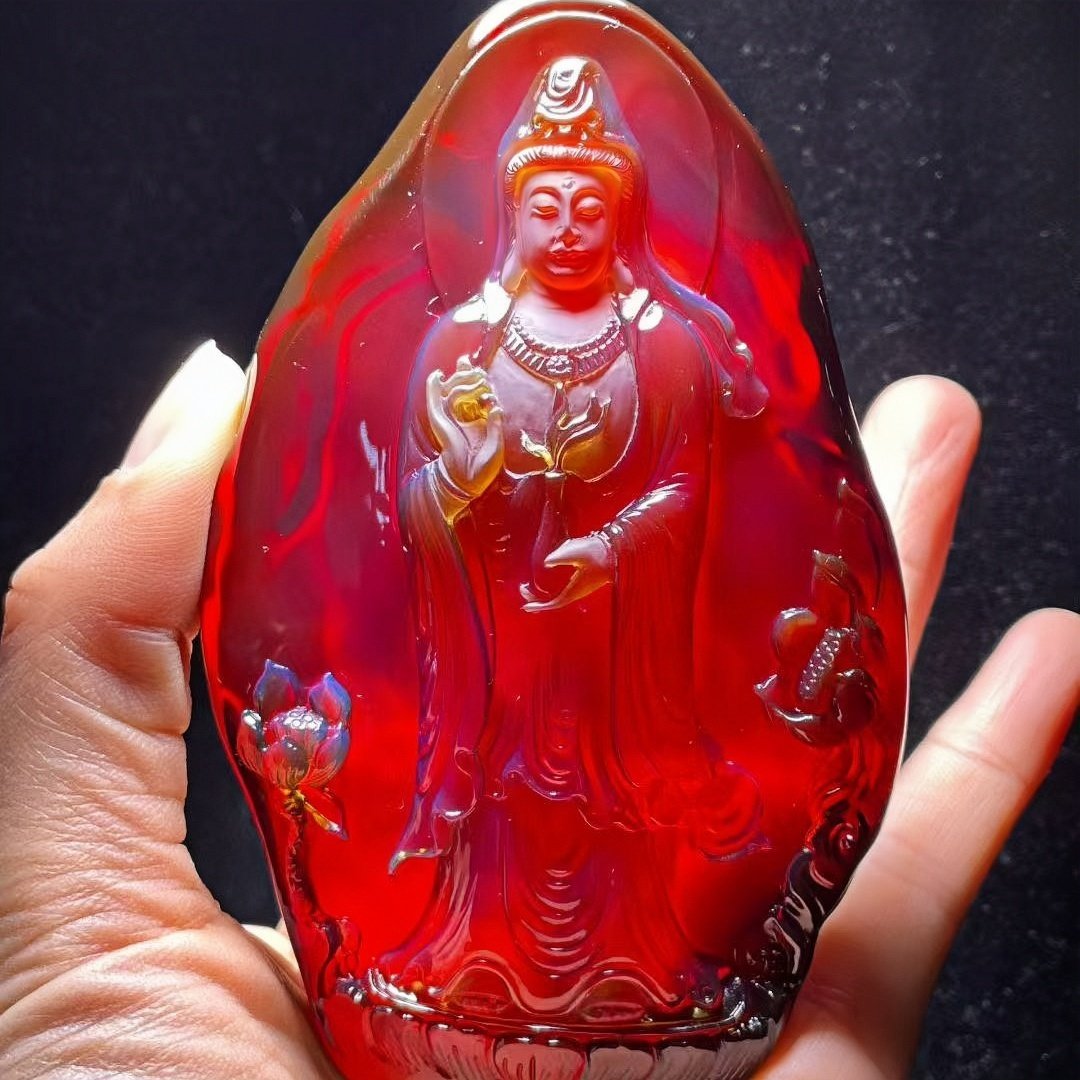 正品天然缅甸琥珀精品干放酒红血珀净瓶观音摆件文玩名家珠宝饰品
