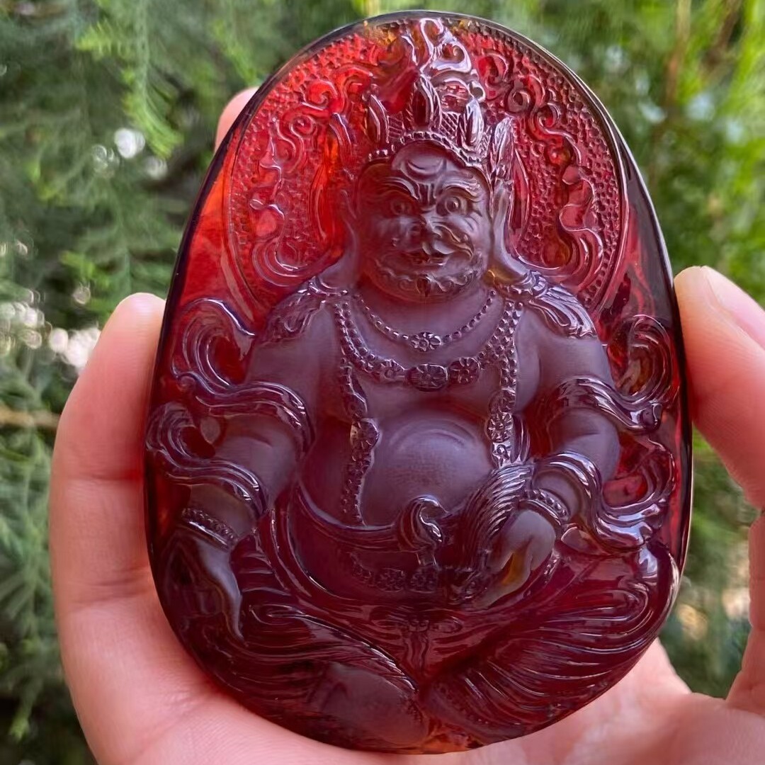 正品天然缅甸琥珀干放蓝血血珀 黄财神 浮雕吊坠文玩工艺珠宝饰品