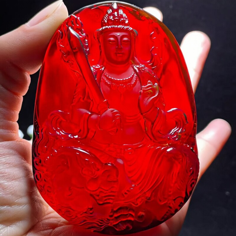 正品天然缅甸琥珀玻璃底干放血珀 文殊菩萨 吊坠名家工艺珠宝饰品