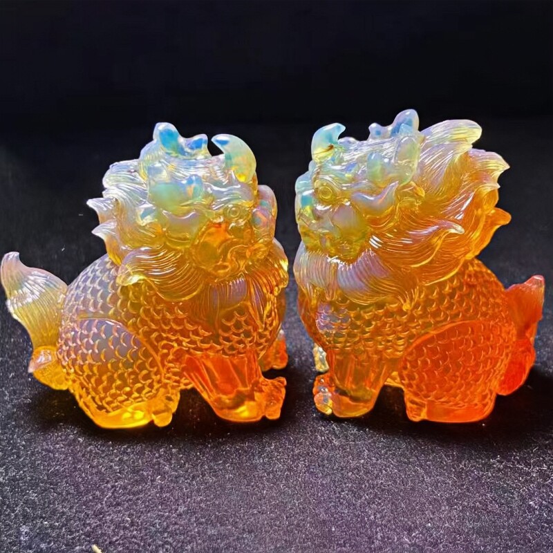 正品天然缅甸琥珀果冻料金棕红 火麒麟 圆雕把件文玩工艺收藏礼品